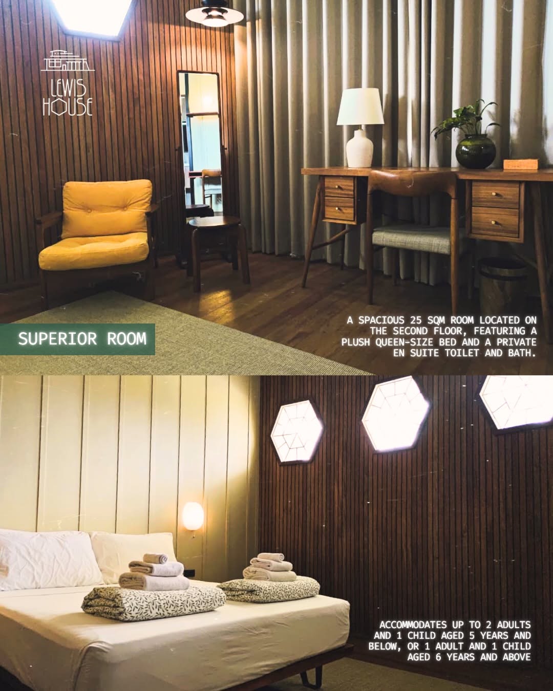 Superior Room — hexagonal wall lights, queen bed and vintage mustard chair
